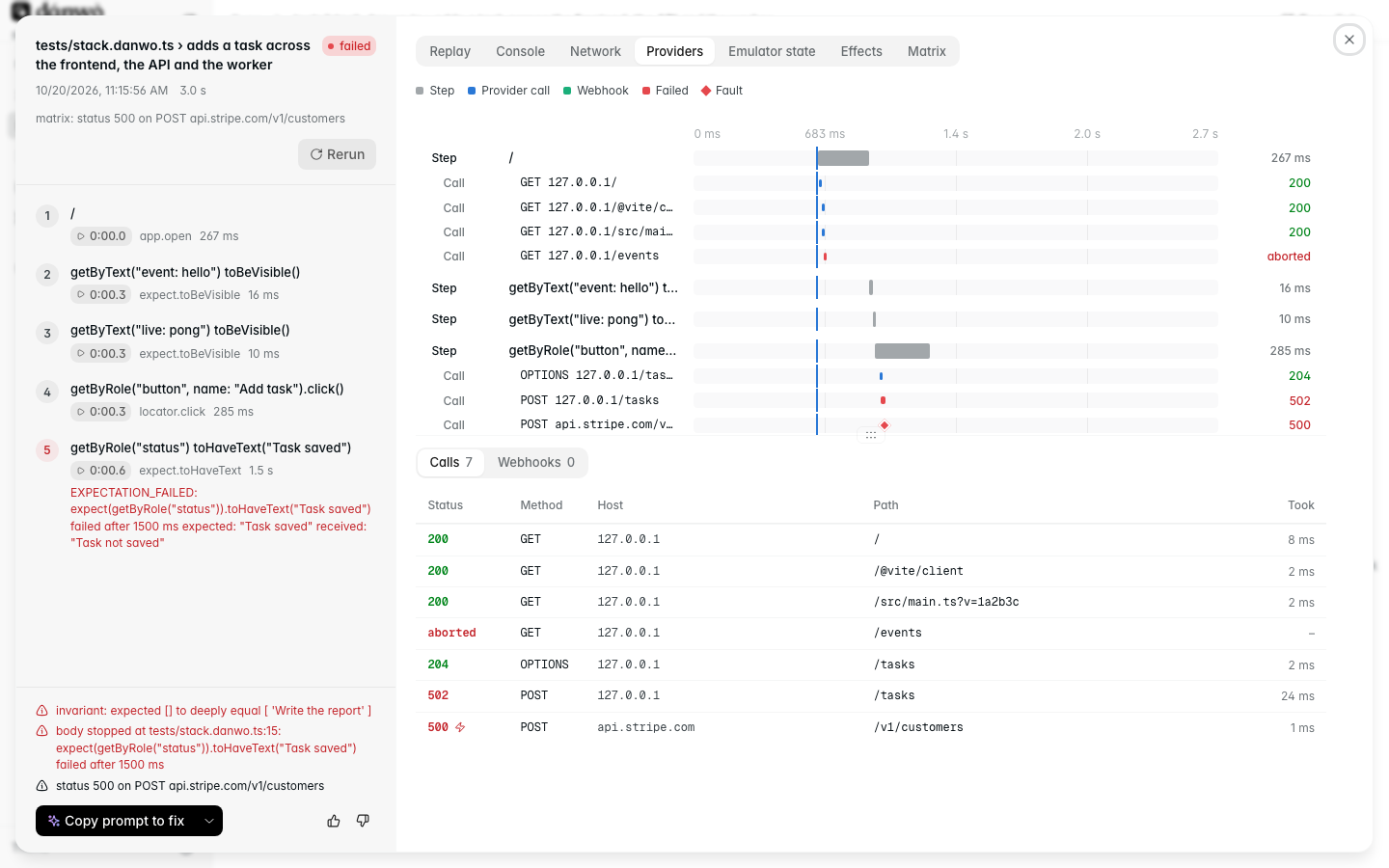 The Providers tab: a waterfall of the test's steps and calls, with Stripe answering 500