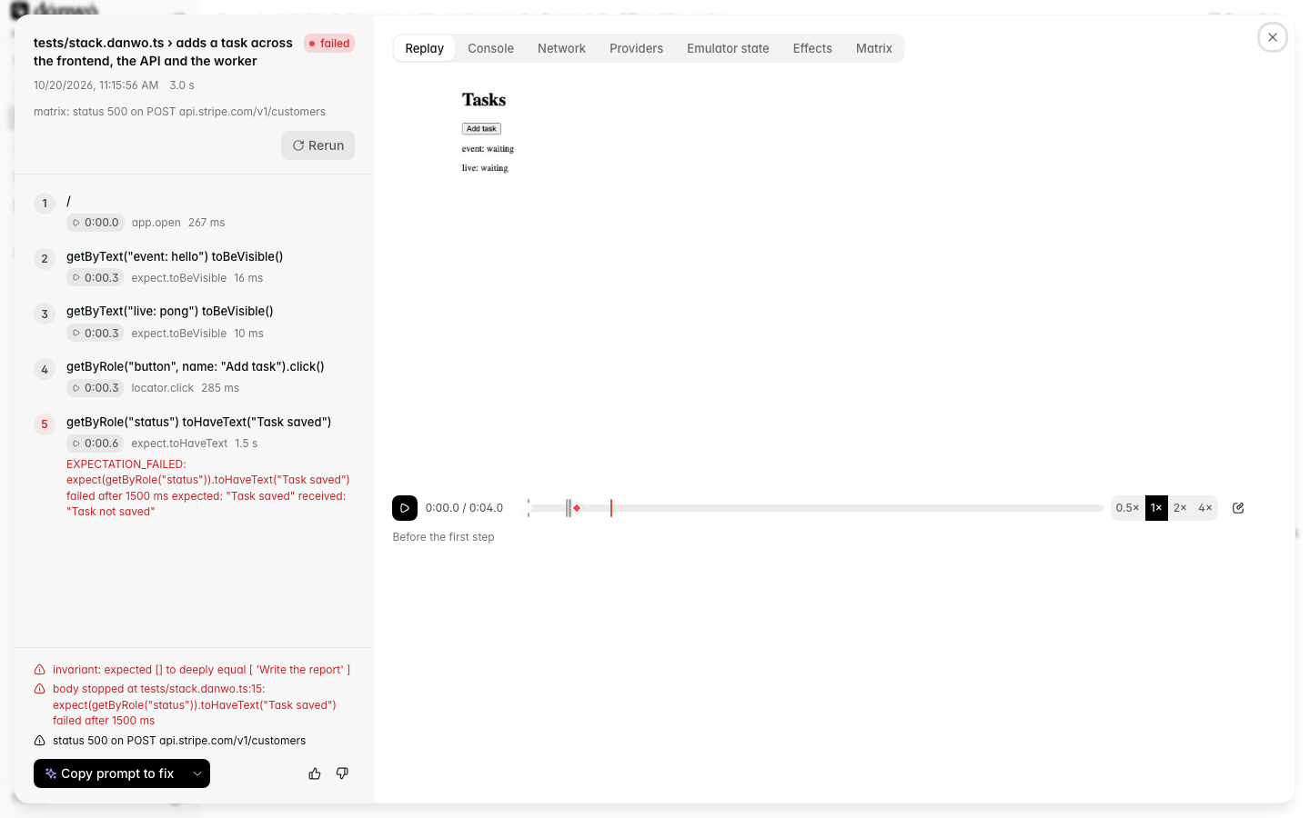 A recording: the steps on the left, the video and its tabs on the right